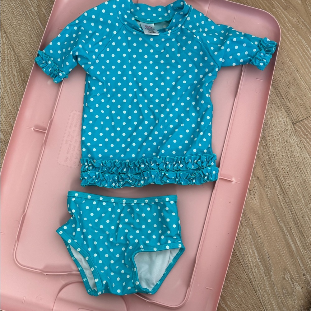 Ruffle Butts Teal Polka Dot Girl’s Rashguard Set and Bikini Bottoms